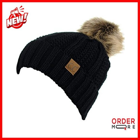 Fleece Lined Cable Knit Beanie with Faux Fur Pom - One Size